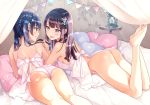  2girls ass babydoll back bangs bare_arms bare_legs bare_shoulders barefoot bed black_hair blush breasts brown_eyes commentary_request eyebrows_visible_through_hair feathers feet from_behind hair_ornament highres holding holding_hair indoors lantern legs_up long_hair looking_at_another lying matsuzaki_miyuki medium_breasts multiple_girls on_bed on_stomach open_mouth original panties pillow pink_babydoll pink_panties shoulder_blades smile string_panties two_side_up underwear underwear_only 