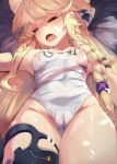  1girl alternate_costume animal_ears arm_strap bangs blonde_hair blush braid breasts cameltoe closed_eyes covered_nipples drooling eyebrows_visible_through_hair g41_(girls_frontline) girls_frontline groin hair_between_eyes hair_ornament highres long_hair lying on_back open_mouth school_swimsuit see-through side_braid sleeping small_breasts solo swimsuit torriet very_long_hair white_swimsuit 