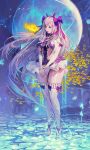  1girl artemis_(destiny_child) blonde_hair blue_eyes breasts destiny_child detached_sleeves fish full_body full_moon high_heels large_breasts long_hair moon nightmadness official_art panties solo sunlight thick_thighs thighhighs thighs underwear very_long_hair white_legwear white_panties wide_hips 