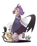  1girl :3 acerola_(pokemon) aono_wo arm_behind_back dress flipped_hair full_body gen_7_pokemon hair_ornament highres leg_up looking_at_viewer mimikyu pokemon pokemon_(game) pokemon_sm purple_dress purple_eyes purple_hair sandals short_sleeves 