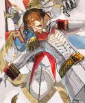  1boy akechi_gorou belt brown_hair capelet dated epaulettes gloves hair_between_eyes hand_on_own_chest highres long_sleeves male_focus nagasawa_tougo open_mouth persona persona_5 red_eyes solo twitter_username uniform white_gloves 