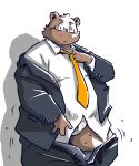  2020 anthro bottomwear brown_body brown_fur bulge clothing fur kemono male mammal necktie overweight overweight_anthro overweight_male pants shirt simple_background solo takagi_kyou topwear underwear undressing ursid white_background 