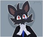  anthro big_ears black_body black_fur black_tie_(suit) chiropteran clothing cute_fangs fangs fur gloves grey_background grizzlyxpuff handwear hi_res julius_(lankthedank) looking_at_viewer male mammal monicle necktie red_eyes simple_background solo star suit 