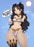  absurdres armor bikini_armor black_hair clothed earrings english_text fate/grand_order fate_(series) femdom hair_ribbon highres ishtar_(fate)_(all) ishtar_(fate/grand_order) jewelry long_hair navel pointing pointing_down red_eyes ribbon satanya69 single_thighhigh thighhighs twintails 