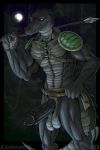  abs alligator alligatorid anthro balls big_balls clothing clothing_aside crocodilian forest genitals hi_res iudicium86 loincloth loincloth_aside male melee_weapon moon muscular muscular_anthro muscular_male night pecs penis polearm reptile scalie solo spear thick_penis tree tribal warrior weapon 