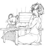  2girls animal_ears bangs closed_eyes commentary_request cup food_in_mouth greyscale indoors long_sleeves monochrome mouse_ears multicolored_hair multiple_girls nazrin seiza senbei shirt short_hair sitting skirt sleeping sleeping_upright steam streaked_hair sunatoshi table toramaru_shou touhou vest white_shirt yunomi 