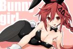  1girl absurdres animal_ears bare_shoulders black_legwear bow bowtie braid breasts bunny_ears bunny_tail bunnysuit cleavage fake_animal_ears hair_between_eyes hair_ornament hairband hairclip highres iwasi-r licking_lips long_hair looking_at_viewer medium_breasts neptune_(series) pantyhose red_eyes red_hair shin_jigen_game_neptune_vii smile solo tail tennouboshi_uzume tongue tongue_out twin_braids twintails wrist_cuffs 