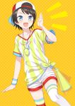  1girl backwards_hat bangs baseball_cap black_hair blue_eyes collarbone cowboy_shot hat highres hololive kumadano mismatched_legwear oozora_subaru open_mouth red_legwear shirt short_hair short_sleeves shorts smile solo stopwatch striped striped_shirt swept_bangs thighhighs tied_shirt vertical-striped_shirt vertical_stripes virtual_youtuber watch whistle whistle_around_neck white_legwear white_shorts yellow_shirt 