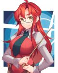  1girl bespectacled breasts glasses hair_down hand_on_hip holding holding_stick juliet_sleeves large_breasts long_hair long_sleeves necktie puffy_sleeves red_hair rotix smile solo stick teacher tengen_toppa_gurren_lagann yellow_eyes yoko_littner yomako 