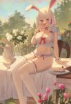  1girl animal_ears azur_lane bangs blush bra breasts bunny_ears cake cake_slice chair cirilla cleavage commentary_request cup dessert dish eyebrows_visible_through_hair fake_animal_ears fingernails flower food frills highres in_tree large_breasts lingerie navel outdoors panties pink_ribbon red_eyes ribbon rose short_hair sirius_(azur_lane) sitting sitting_in_tree solo table tablecloth teacup teapot tongue tongue_out traditional_media tree underwear vase white_flower white_hair white_legwear white_rose 