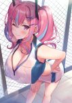  1girl azur_lane bangs bare_shoulders blush breasts bremerton_(azur_lane) bremerton_(scorching-hot_training)_(azur_lane) chain-link_fence cleavage closed_mouth collarbone crop_top crop_top_overhang fence heart heart_necklace highres large_breasts leaning_forward long_hair looking_at_viewer multicolored_hair one_eye_closed pink_eyes pink_hair sidelocks smile sportswear streaked_hair super_nagoyaka tennis_uniform twintails two-tone_shirt two-tone_skirt 
