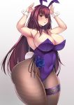  1girl 207loz absurdres animal_ears armpits arms_up breasts brown_hair bunny_ears bunny_tail bunnysuit cleavage commentary_request covered_navel curvy fate/grand_order fate_(series) fishnets garter_belt gradient gradient_background grey_background highres large_breasts long_hair red_eyes scathach_(fate)_(all) scathach_(fate/grand_order) solo tail thick_thighs thighs very_long_hair wide_hips 