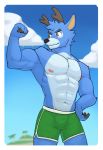  abs animal_crossing anthro bam_(animal_crossing) biceps blue_sky bottomwear cervid clothed clothing green_bottomwear green_clothing green_shorts hi_res jrjresq male mammal muscular muscular_anthro muscular_male nintendo shorts sky solo topless video_games visible_nipples 