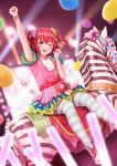  1girl ;d arm_up balloon bangs belt_pouch bow bracelet clenched_hands commentary_request dress frilled_dress frilled_skirt frills glowstick green_eyes hair_bow hand_up heart highres jewelry kurosawa_ruby love_live! love_live!_sunshine!! multicolored multicolored_clothes multicolored_dress multicolored_footwear one_eye_closed open_mouth papi_(papiron100) pink_bow pouch raised_fist red_hair riding screen shoes short_hair sidesaddle skirt smile solo stage_lights striped striped_legwear thighhighs two_side_up yellow_bow zebra 