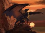  2020 ambiguous_gender black_body black_scales claws day detailed_background digital_media_(artwork) dragon feral horn membrane_(anatomy) membranous_wings muns11 outside rock scales scalie sky solo spines standing western_dragon wings 