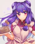  1girl apron bangs blush breasts chinese_clothes double_bun hair_ornament hand_on_hip holding holding_plate large_breasts long_hair looking_at_viewer plate purple_eyes purple_hair ranma_1/2 rotix shampoo_(ranma_1/2) smile solo 