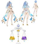  1girl alternate_costume alternate_hairstyle ass balance_scale bare_shoulders beads bikini blue_hair breasts character_sheet collarbone flower frigg_(valkyrie_connect) full_body hair_flower hair_ornament high_heels highres kneepits knees navel official_art ponytail purple_eyes solo swimsuit valkyrie_connect weighing_scale white_background white_bikini 