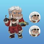  1boy aegir_(tokyo_houkago_summoners) bara beard blue_eyes chibi dark_skin dark_skinned_male expressions eyewear_removed facial_hair full_body highres ina_zuma jewelry male_focus manly muscle official_alternate_costume santa_costume scarf shoes short_hair single_earring smirk tokyo_houkago_summoners white_hair white_scarf 