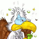  1:1 anthro avian beak flask low_res male science simple_background solo source_request spiral_eyes traditional_media_(artwork) wavy_mouth 