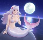  absurdres breasts cleavage fish_girl fish_tail highres idolmaster jewelry kiria_ai large_breasts long_hair looking_at_viewer mermaid monster_girl monsterification moon ocean open_mouth rock shell shell_bikini shijou_takane smile tail 