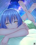  1other androgynous bangs barefoot bed_sheet blue_hair dated eyebrows_visible_through_hair hair_between_eyes long_hair looking_at_viewer lying on_stomach open_mouth rimuru_tempest sky smile solo star_(sky) starry_sky tensei_shitara_slime_datta_ken the_pose yellow_eyes zerg309 