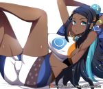  1girl :o aqua_eyes aqua_hair armlet armpits arms_up belly_chain bike_shorts blue_eyeshadow breasts commentary dark_blue_hair dark_skin dive_ball dynamax_band earrings eyeshadow gloves hair_bun hair_ornament hinghoi hoop_earrings jewelry large_breasts leg_up legs long_hair looking_at_viewer lying makeup multicolored_hair nessa_(pokemon) on_back pillow pokemon pokemon_(game) pokemon_swsh sandals single_glove solo two-tone_hair watermark web_address 