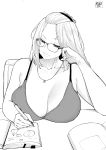  1girl artist_name bangs_pinned_back bare_shoulders breasts chair cleavage folded_hair glasses greyscale hair_pulled_back highres holding holding_pen huge_breasts inne_sulistya_robin long_hair monochrome norman_maggot notebook original pen sitting tank_top teacher writing 