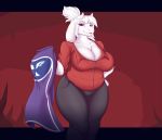  anthro big_breasts bovid breasts caprine chest_tuft cleavage clothed clothing cosplay dsixzey female fur goat goat_lucifer_(helltaker) hair hand_on_hip helltaker hi_res huge_breasts looking_at_viewer lucifer_(helltaker) mammal open_mouth overweight overweight_anthro overweight_female purple_eyes shirt slightly_chubby solo solo_focus topwear toriel tuft undertale video_games white_body white_fur white_hair 