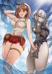  2girls ass atelier_(series) atelier_ryza atelier_ryza_2 belt black_skirt blue_sky breasts brown_belt brown_eyes brown_hair cleavage cloud fou_zi grey_hair grey_leotard hair_ornament hairclip holding_hands large_breasts leather_belt leotard multiple_girls pale_skin palms puffy_short_sleeves puffy_sleeves red_shorts reisalin_stout serri_glaus shallow_water short_hair short_shorts short_sleeves shorts single_sidelock skirt sky thick_thighs thigh_strap thighs wading water wet wet_clothes white_headwear yellow_eyes 