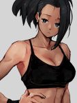  1girl black_eyes black_hair black_tank_top breasts cleavage closed_mouth collarbone dragon_ball dragon_ball_super grey_background hand_on_hip kale_(dragon_ball) kemachiku large_breasts looking_at_viewer ponytail short_hair simple_background solo tank_top upper_body 