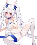  1girl animal_ears azur_lane blue_flower blush bunny_ears crotch_seam dress flat_chest flower gloves hair_between_eyes hair_flower hair_ornament heart heart-shaped_pupils laffey_(azur_lane) laffey_(white_rabbit&#039;s_oath)_(azur_lane) long_hair looking_at_viewer lyk_wuyan nipples pantyhose pussy pussy_juice_stain red_eyes see-through simple_background solo spread_legs symbol-shaped_pupils twintails very_long_hair white_background white_dress white_gloves white_hair white_legwear 