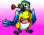  avian bird blue_body blue_feathers diaper feathers feral flower happy looking_up macaw male neotropical_parrot parrot plant rose_(flower) solo tail_feathers toony true_parrot unknown_artist wings yellow_body yellow_feathers 