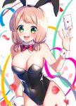  1girl ace_of_hearts animal_ears bang_dream! black_leotard bow bowtie breasts bunny_ears bunny_girl bunny_tail bunnysuit card cleavage commentary_request detached_collar green_eyes hair_over_shoulder highres leotard looking_at_viewer nail_polish pink_hair playing_card red_neckwear short_hair smile solo strapless strapless_leotard tail tsurugi_hikaru uehara_himari wrist_cuffs 