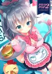  1girl animal_ears apron bangs blush breasts cat_ears cat_girl cat_tail cleavage collared_shirt eyebrows_visible_through_hair food french_fries green_eyes grey_hair hair_between_eyes hair_ribbon hamburger highres ice_cream large_breasts long_hair neck_ribbon original pink_ribbon pink_shirt ponytail red_headwear ribbon shirt sundae tail tail_ribbon tougetsu_hajime tray 