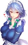  1girl apron arm_between_breasts arm_under_breasts between_breasts blue_dress blush bow bowtie braid breasts closed_mouth commentary_request covered_nipples dress eyebrows_visible_through_hair green_bow green_neckwear hair_between_eyes hair_bow hand_to_own_mouth heart highres izayoi_sakuya juliet_sleeves large_breasts long_sleeves maid_apron maid_headdress medium_hair puffy_sleeves red_eyes silver_hair simple_background solo touhou tsukushi_sasa twin_braids upper_body white_background 