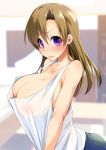  1girl bangs blush breasts brown_hair cleavage collarbone covered_nipples highres kouki_kuu large_breasts lips long_hair looking_at_viewer original pants purple_eyes solo tank_top 