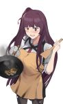  1girl absurdres apron black_legwear black_skirt blush breasts brown_apron cooking eyebrows_visible_through_hair frying_pan girls_frontline hair_ribbon highres la13 long_hair necktie open_mouth pantyhose purple_hair red_eyes red_neckwear ribbon shirt skillet skirt solo standing wa2000_(girls_frontline) white_background white_shirt 