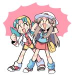  2girls ^_^ absurdres aqua_legwear aqua_shirt bag bandana bike_shorts black_wristband blue_hair brown_hair clenched_hand closed_eyes cropped_jacket crying gotcha! hands_on_own_head hat highres hiziki723 jacket kris_(pokemon) leaf_(pokemon) long_hair loose_socks messenger_bag multiple_girls pleated_skirt pokemon pokemon_(game) pokemon_frlg pokemon_gsc red_shorts red_skirt shirt shorts shoulder_bag skirt sleeveless sleeveless_shirt smile streaming_tears tears twintails vs_seeker white_headwear white_jacket wristband yellow_bag 