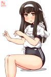  1girl alternate_costume artist_logo bangs black_buruma black_hair blunt_bangs blush brown_eyes buruma commentary_request dated disembodied_limb feet_out_of_frame gym_uniform hatsuyuki_(kantai_collection) highres hime_cut invisible_chair kanon_(kurogane_knights) kantai_collection long_hair looking_at_viewer name_tag nose_blush shirt simple_background sitting solo t-shirt white_background white_shirt 