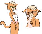 anthro blonde_hair blush breasts caitian chest_tuft clothed clothing dirty_platypi dr.t&#039;ana duo eyes_closed fangs felid female first_person_view fur hair inner_ear_fluff mammal mature_female nude orange_body orange_fur panties romantic_couple rubbing_cheek shirt short_hair simple_background solo_focus standing star_trek star_trek_lower_decks tank_top topwear tuft underwear white_background yellow_sclera 