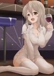  1girl alcohol bar bar_stool bottle breasts brown_eyes cleavage collarbone collared_shirt commentary_request counter cup drinking_glass eyebrows eyebrows_visible_through_hair glass grey_hair hair_between_eyes highres holding holding_cup indoors kantai_collection kodama_(mmt_uf) large_breasts long_hair long_sleeves no_panties open_mouth panties panties_removed partially_unbuttoned pola_(kantai_collection) shirt side-tie_panties sitting smile solo stool thick_eyebrows thighhighs thighs unbuttoned unbuttoned_shirt underwear wariza wavy_hair white_panties white_shirt wine wine_bottle wine_glass 