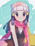  1girl artist_name bag bare_arms beanie blue_eyes blue_hair blush closed_mouth commentary_request dawn_(pokemon) duffel_bag eyelashes hair_ornament hairclip hanenbo hat highres long_hair looking_at_viewer pink_scarf pokemon pokemon_(game) pokemon_dppt scarf sidelocks sketch sleeveless smile solo white_headwear 