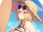  1boy 1girl animal_ear_fluff animal_ears arknights bangs bikini bikini_lift braid breasts ce-_-3 eyewear_on_head hair_ornament hat implied_paizuri large_breasts nude paizuri purple_eyes smile solo_focus sun_hat sunglasses swimsuit upper_body utage_(arknights) 