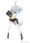  1girl absurdres alternate_costume animal_ear_fluff animal_ears arms_up bag bangs beige_vest black_skirt blue_eyes blue_hair blush boots bow bowtie breasts cardigan_vest collared_shirt fox_ears fox_tail full_body girls_frontline grin gun hair_between_eyes hair_ornament handgun heart heart-shaped_pupils highres holding holding_bag holster looking_at_viewer mab_pa-15 official_art pa-15_(girls_frontline) pistol plaid plaid_skirt school_bag school_uniform shanyao_jiang_tororo shirt sidelocks skindentation skirt small_breasts smile snap-fit_buckle solo standing symbol-shaped_pupils tail thigh_holster thighhighs twintails untucked_shirt vest weapon white_legwear white_shirt yellow_vest 