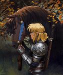  1boy absurdres armor bangs blonde_hair earrings fingerless_gloves gloves hair_pulled_back highres jewelry leaf link malin_falch medium_hair outdoors pointy_ears profile solo sword the_legend_of_zelda the_legend_of_zelda:_breath_of_the_wild tree weapon 