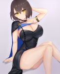  1girl ana_(vvvvor) azur_lane baltimore_(azur_lane) baltimore_(evening_breeze_minuet)_(azur_lane) black_cape black_dress blue_cape breasts brown_hair cape cleavage dress evening_gown hair_between_eyes highres large_breasts side_slit simple_background single_bare_shoulder sitting sleeveless sleeveless_dress solo two-tone_cape yellow_eyes 