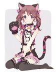  1girl animal_ears bare_arms bell between_legs black_legwear brown_hair cat_ears cat_tail character_request earrings eyebrows_visible_through_hair full_body gloves hair_bell hair_ornament hand_between_legs hand_up highres idolmaster jewelry jingle_bell long_hair looking_at_viewer paw_gloves paws purple_eyes ribbon shone simple_background sitting smile solo suspenders tail tail_ribbon thighhighs twintails 