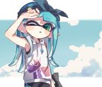  1girl ;o aqua_hair aqua_tongue bangs black_headband black_shorts blue_sky blunt_bangs cloud cloudy_sky crown_print dolphin_shorts domino_mask drawstring eyebrows_visible_through_hair green_eyes grey_shirt hand_on_own_head headband hood hood_down hoodie inkling long_hair looking_at_viewer maco_spl mask one_eye_closed outdoors parted_lips pointy_ears print_shirt shirt short_shorts shorts sky sleeveless sleeveless_shirt solo splatoon_(series) standing tentacle_hair upper_body 