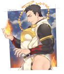  1boy absurdres artist_name bara black_bodysuit black_hair bodysuit bulge clothing_cutout cropped_legs facial_hair fire from_side halo highres looking_at_viewer male_focus manami_(fearfac666) muscle pelvic_curtain short_hair solo stubble thick_thighs thigh_cutout thighs tokyo_houkago_summoners yellow_eyes zabaniya_(tokyo_houkago_summoners) 