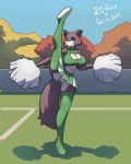  2020 aikaanarchy anthro beastars bottomwear breasts brown_body brown_fur canid canine canis cheerleader cleavage_cutout clothing crop_top female front_view full-length_portrait fur hi_res juno_(beastars) legwear mammal on_one_leg one_leg_up outside panties pom_poms portrait raised_leg shirt skirt solo standing thigh_highs topwear underwear upskirt wolf 